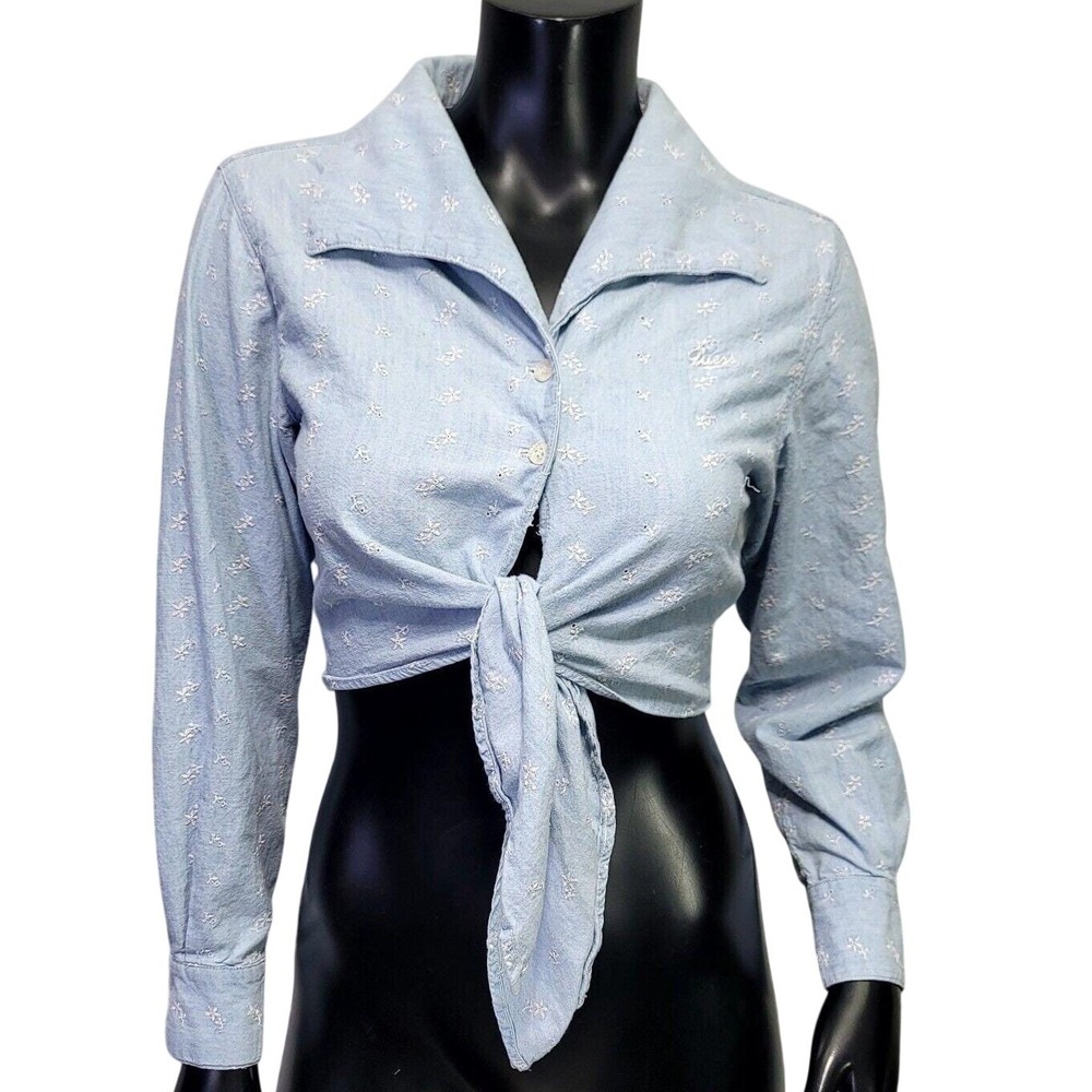 Vintage Guess Georges Marciano Blue Embroidered Tie Front Crop Top USA Western